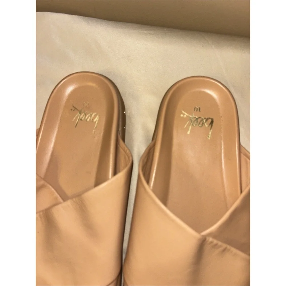 BEEK $290 Sz 10 Hen Leather Flatform Slides Crossover Sandals Beach Tan Luxury